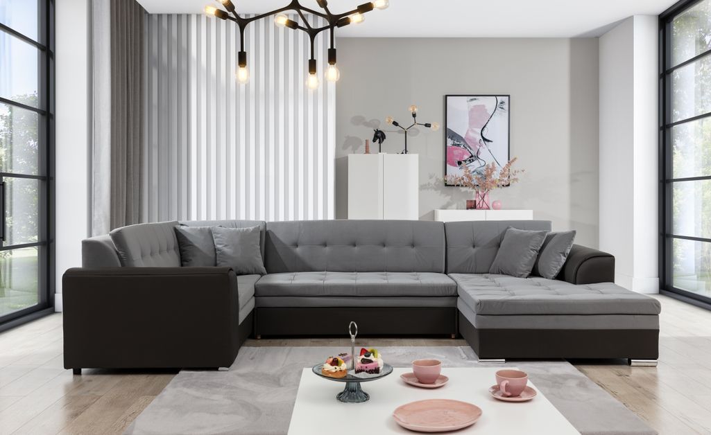 Canapé convertible panoramique tissu beige chiné et simili marron méridienne à droite Diana 340 cm - Photo n°7