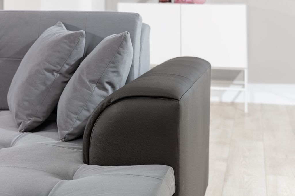 Canapé convertible panoramique tissu beige chiné et simili marron méridienne à droite Diana 340 cm - Photo n°9