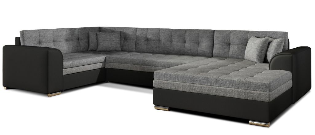 Canapé convertible panoramique tissu gris clair et simili noir méridienne à droite Diana 340 cm - Photo n°1
