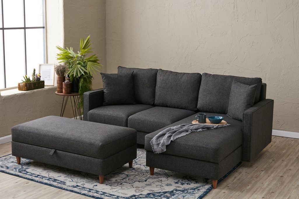 Canapé d'angle convertible avec pouf coffre tissu anthracite Melano 210 cm - Photo n°13