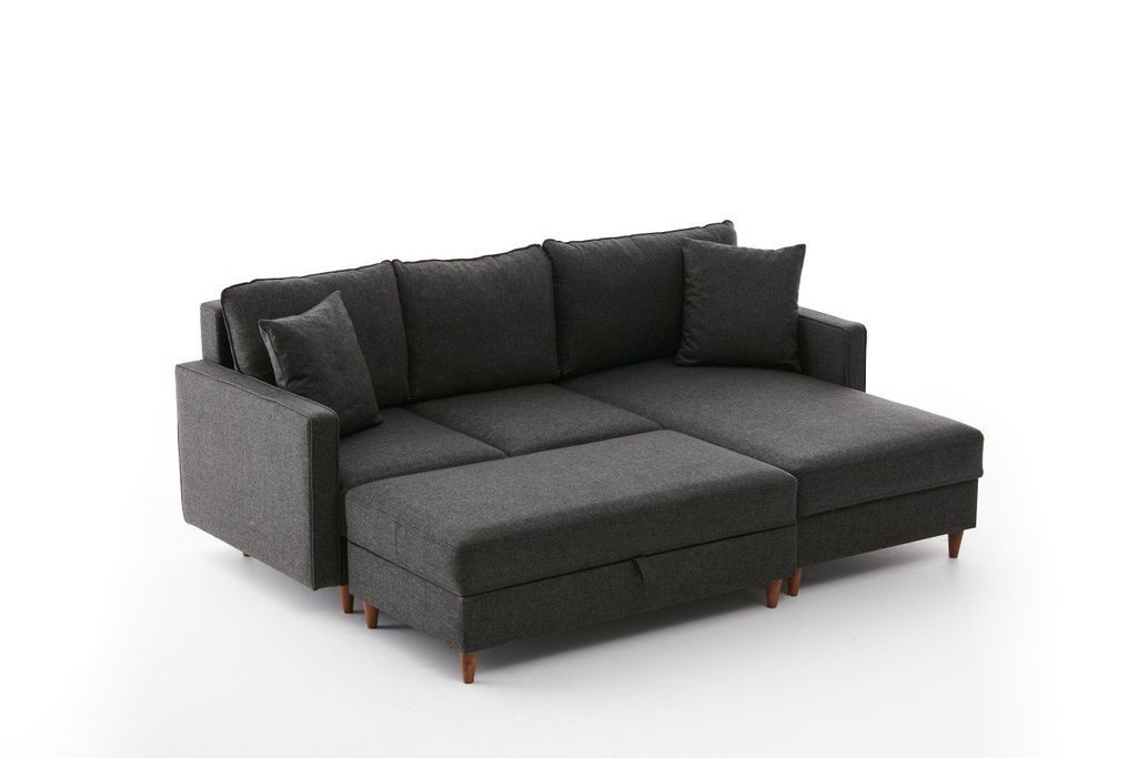 Canapé d'angle convertible avec pouf coffre tissu anthracite Melano 210 cm - Photo n°17