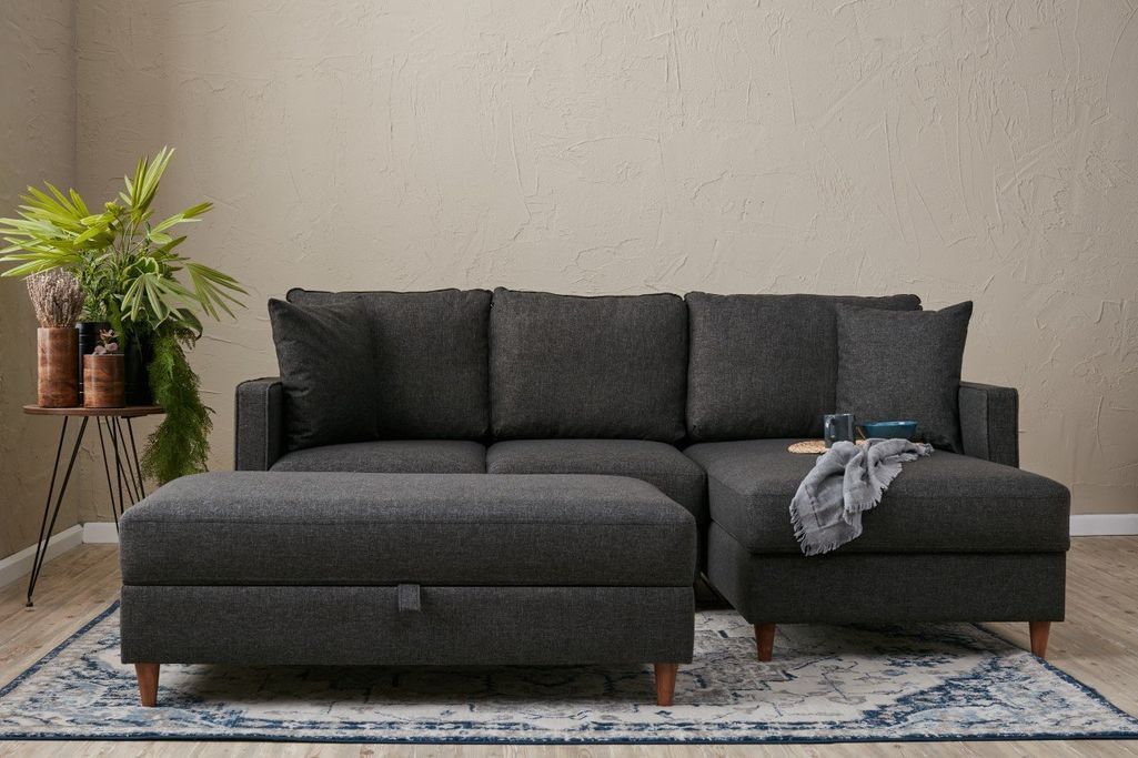 Canapé d'angle convertible avec pouf coffre tissu anthracite Melano 210 cm - Photo n°2