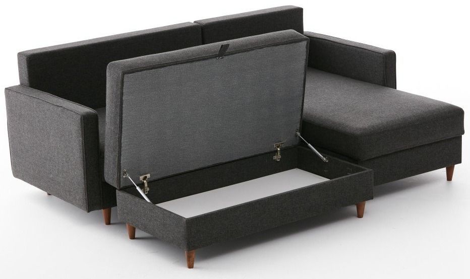 Canapé d'angle convertible avec pouf coffre tissu anthracite Melano 210 cm - Photo n°4