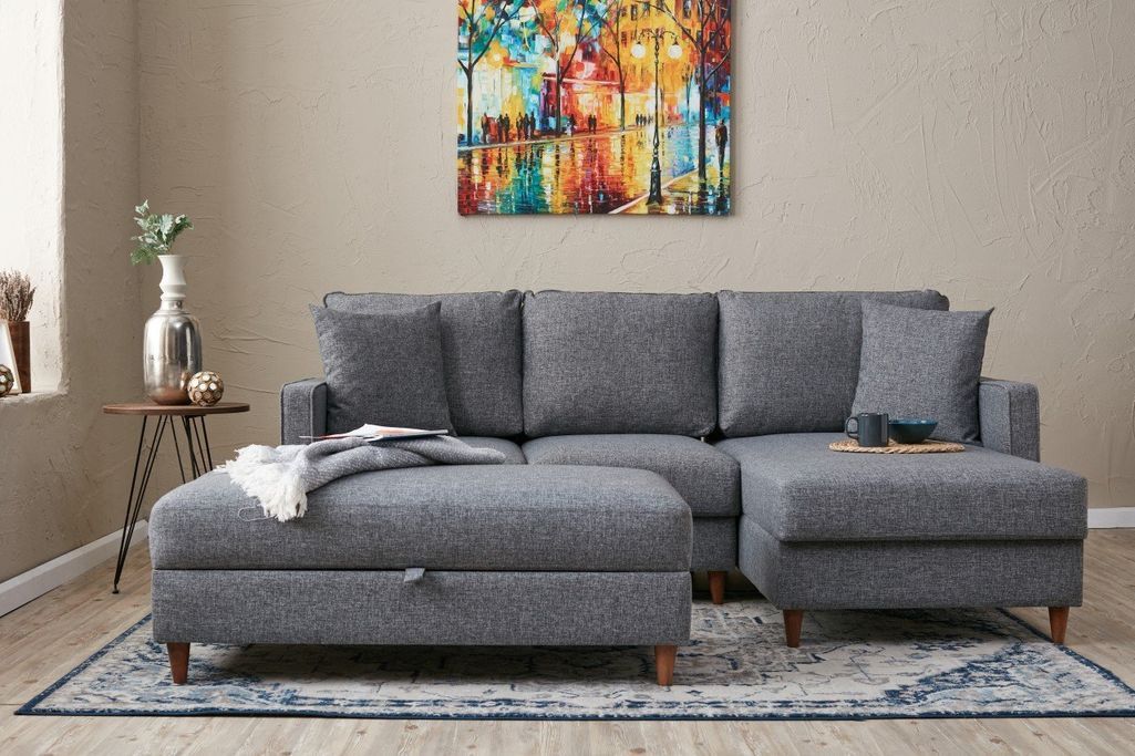 Canapé d'angle convertible avec pouf coffre tissu gris Melano 210 cm - Photo n°2