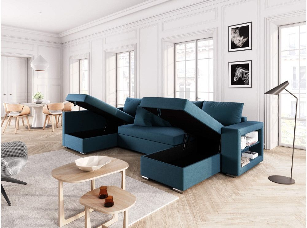 Canapé d’angle convertible et panoramique tissu bleu canard Dina - Photo n°4