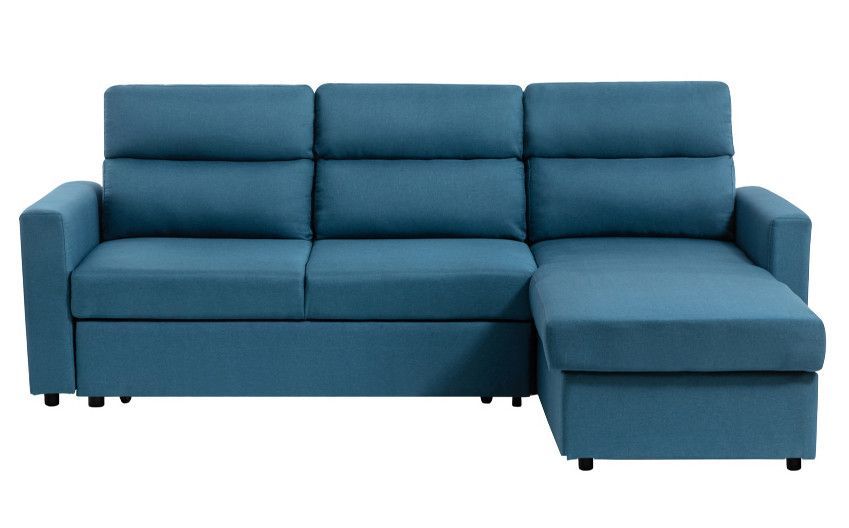 Canapé d'angle convertible et réversible avec coffre tissu bleu pétrole Jane 242 cm - Photo n°1