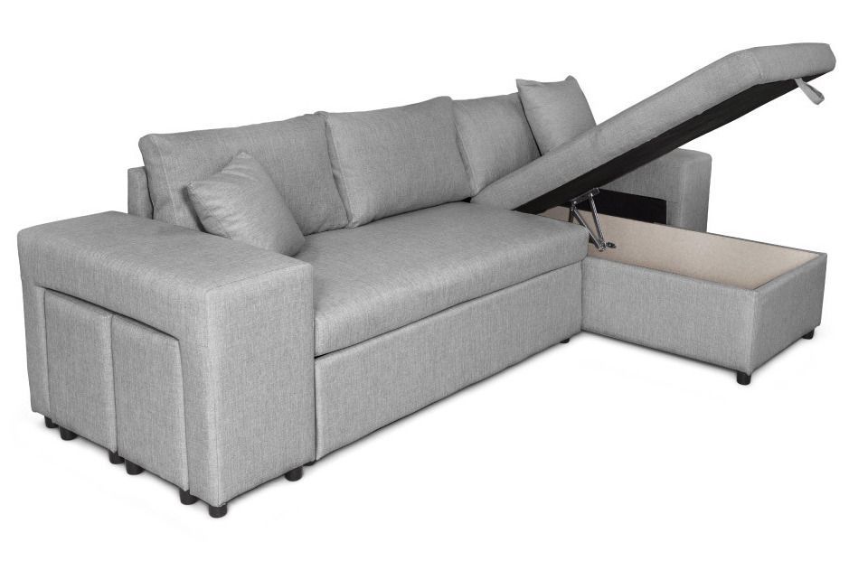 Canapé d'angle convertible poufs à gauche étagère à droite tissu gris clair Erly 254 cm - Photo n°6