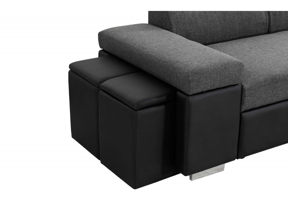 Canapé d'angle droit convertible avec coffre, 2 poufs et niche simili noir tissu gris Dina - Photo n°7