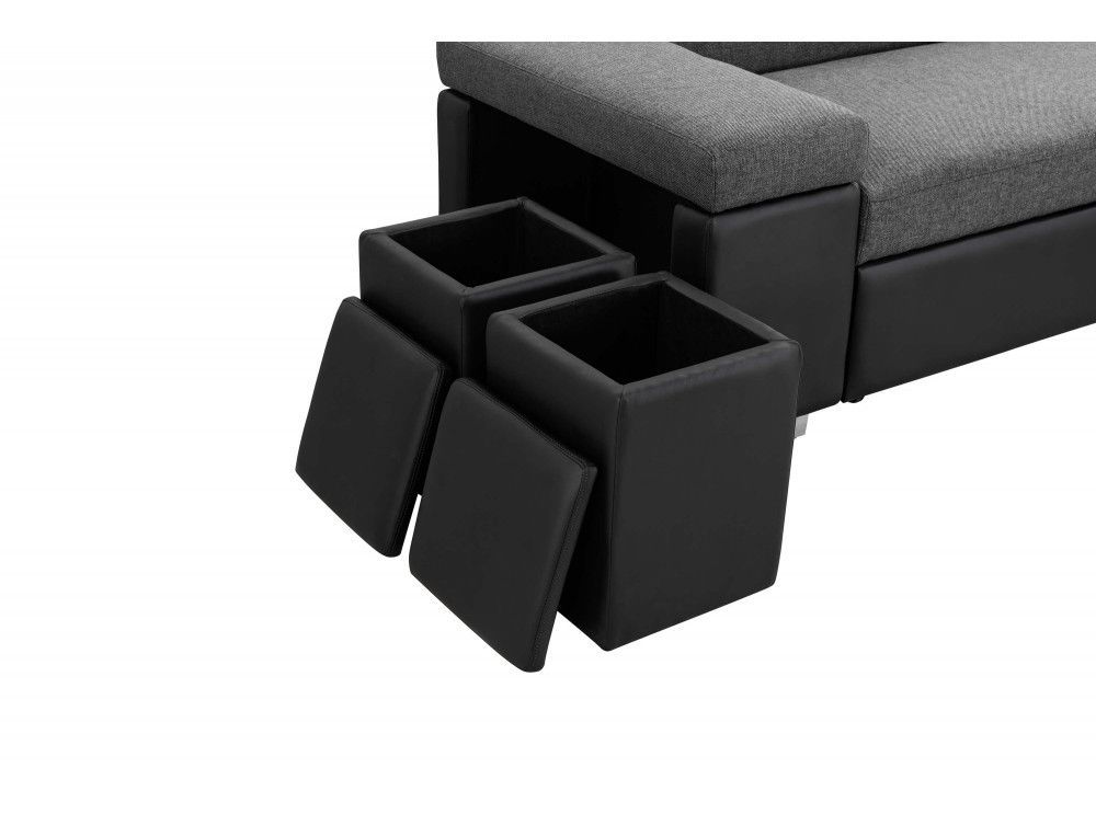 Canapé d'angle droit convertible avec coffre, 2 poufs et niche simili noir tissu gris Dina - Photo n°8
