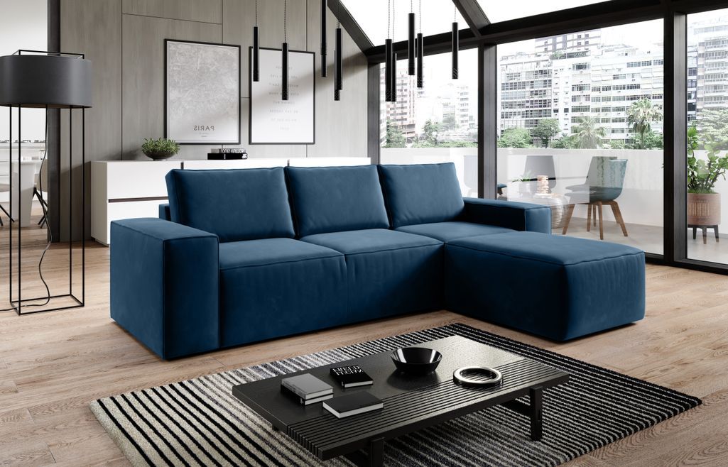 Canapé d'angle droit convertible moderne tissu bleu foncé Willace 302 cm - Photo n°2