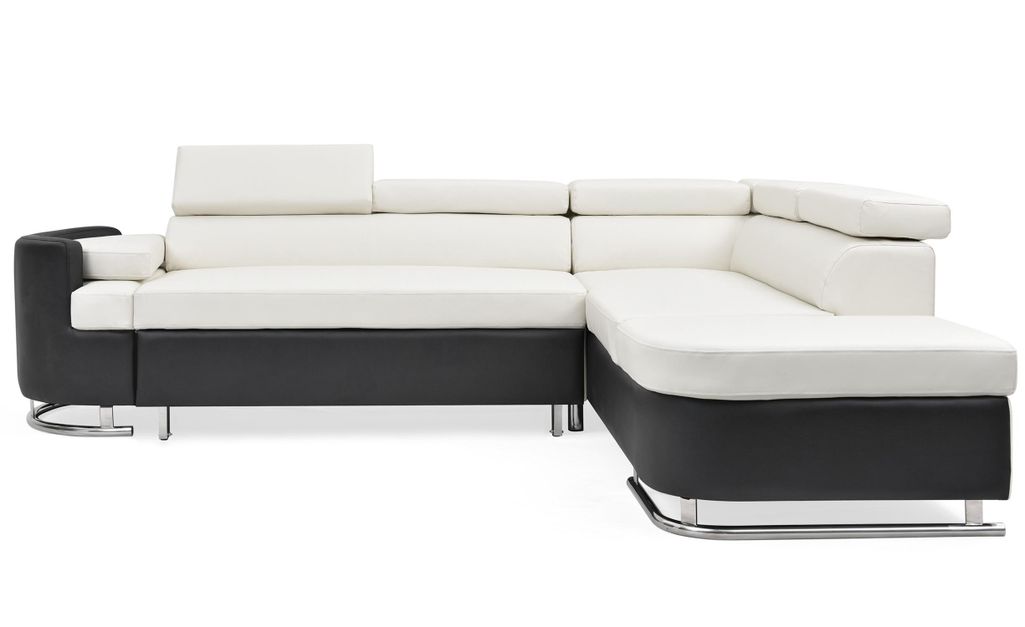 Canapé d'angle droit convertible simili cuir blanc et noir Bianca - Photo n°1