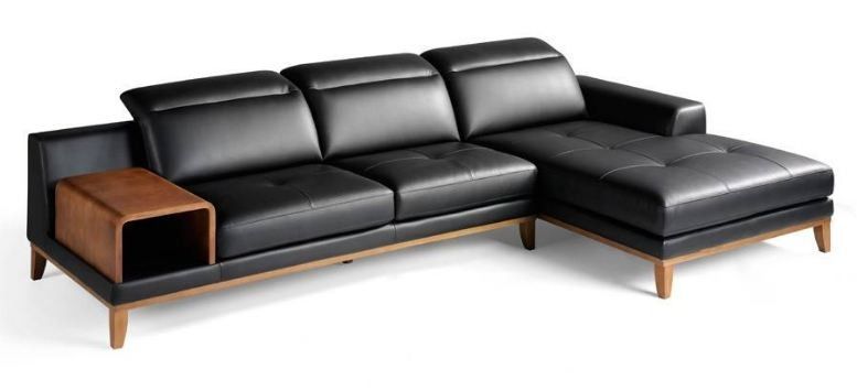 Canapé d'angle droit cuir noir et pieds bois noyer Pandora - Photo n°1
