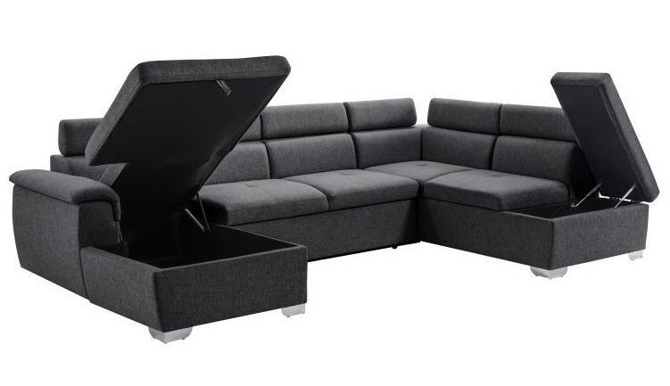 Canapé d'angle droit en U convertible avec coffre tissu gris foncé Mara 322 cm - Photo n°5