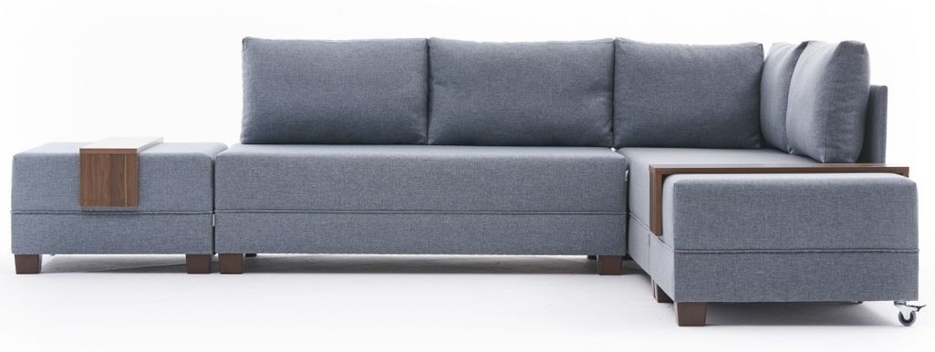 Canapé d'angle droit et 2 poufs tissu bleu Tikona 280 cm - Photo n°1