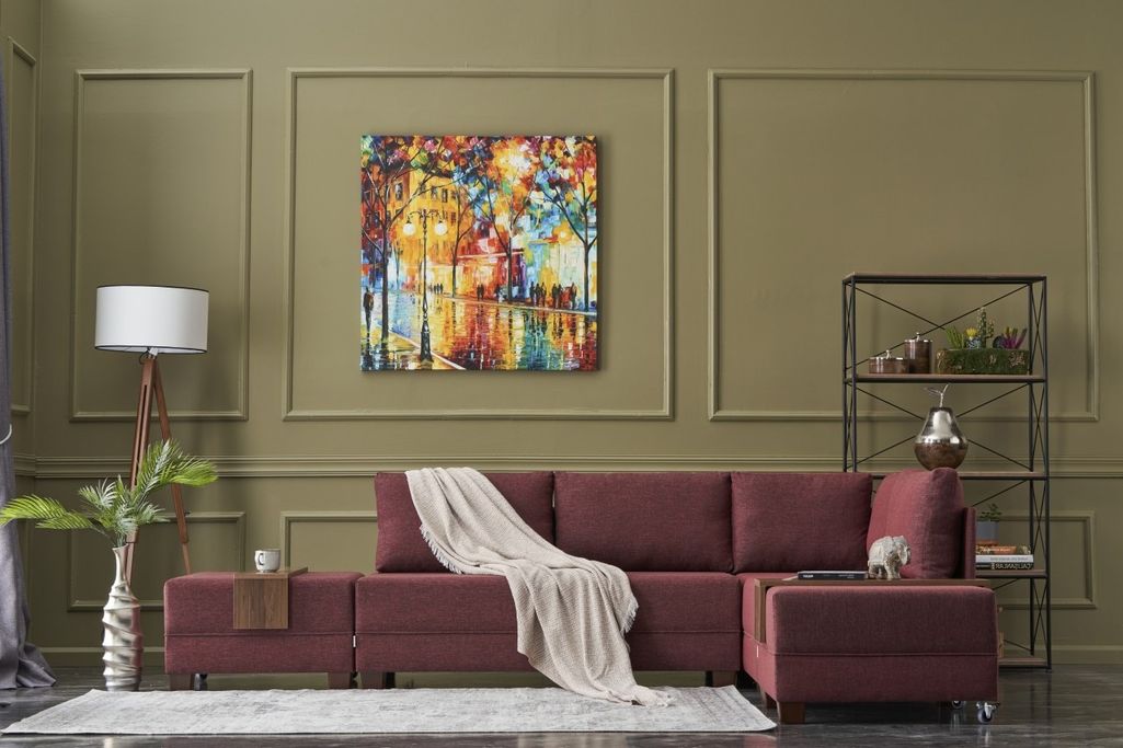 Canapé d'angle droit et 2 poufs tissu rouge Tikona 280 cm - Photo n°2