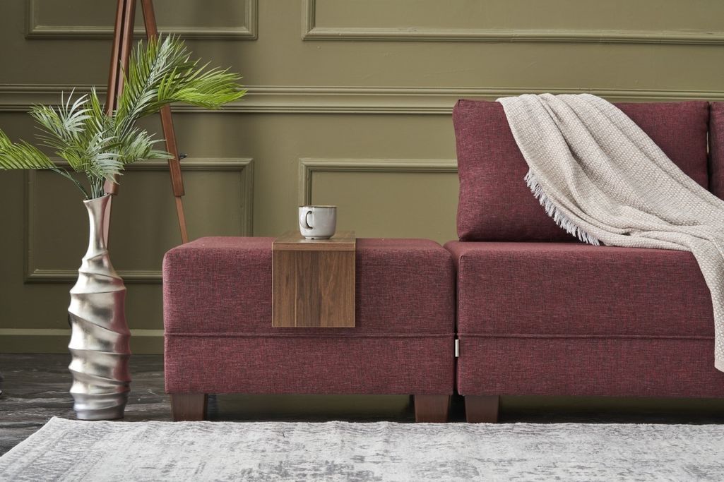 Canapé d'angle droit et 2 poufs tissu rouge Tikona 280 cm - Photo n°5