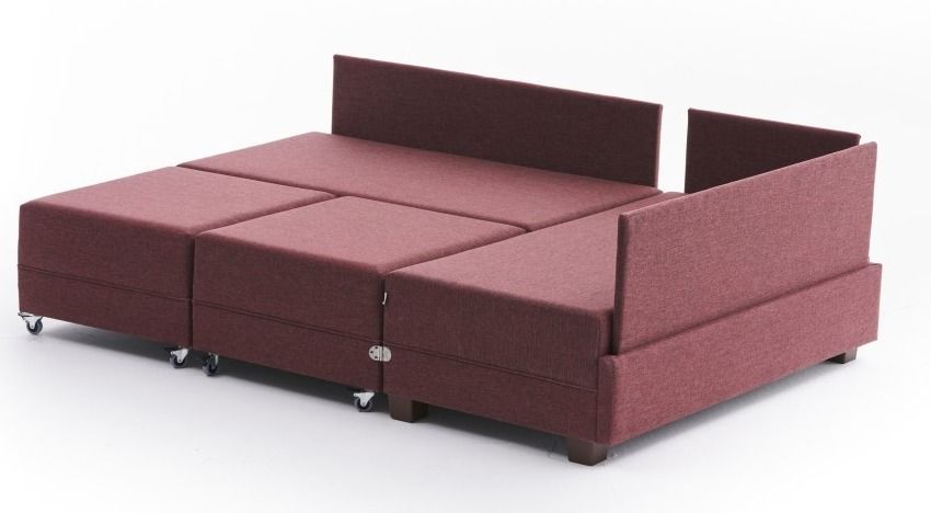 Canapé d'angle droit et 2 poufs tissu rouge Tikona 280 cm - Photo n°7