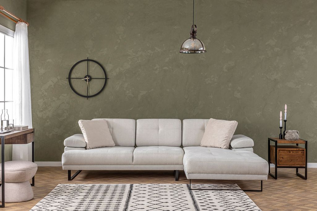 Canapé d'angle droit moderne tissu doux beige clair pieds métal noir Kustone 274 cm - Photo n°3