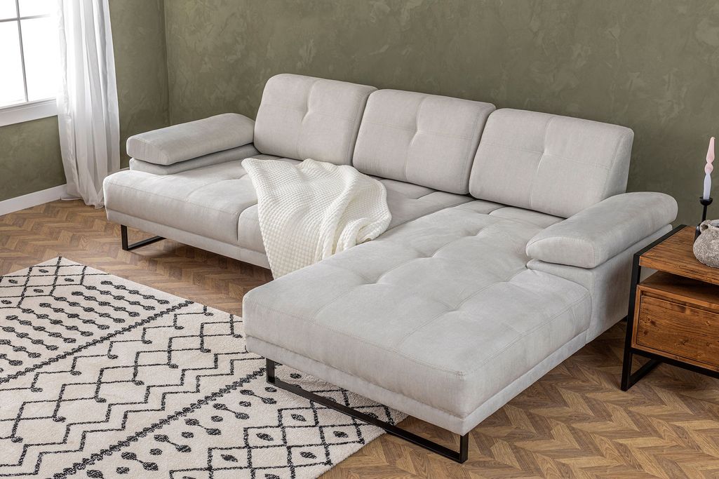 Canapé d'angle droit moderne tissu doux beige clair pieds métal noir Kustone 274 cm - Photo n°8