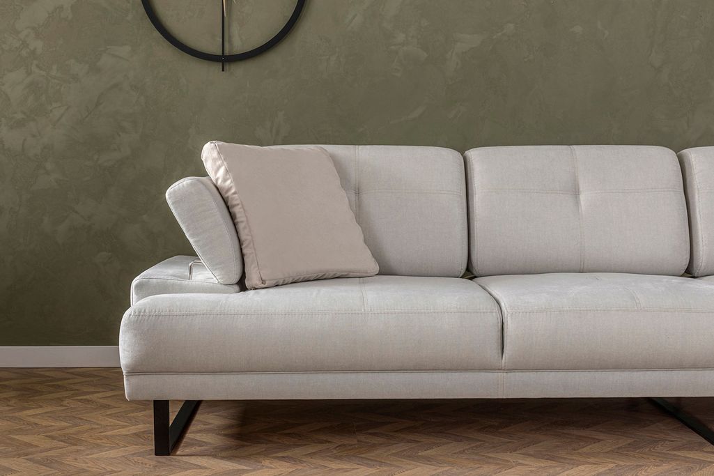 Canapé d'angle droit moderne tissu doux beige clair pieds métal noir Kustone 274 cm - Photo n°12