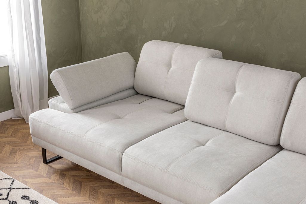 Canapé d'angle droit moderne tissu doux beige clair pieds métal noir Kustone 274 cm - Photo n°15