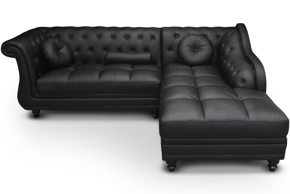 Canapé d'angle droit simili cuir noir chesterfield Rika 240 cm - Photo n°1