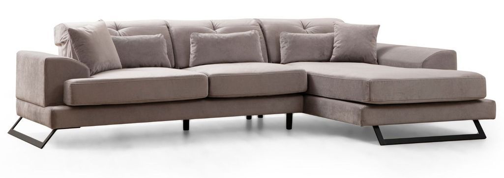 Canapé d'angle droit velours gris avec têtières relevables et pieds metal noir Briko 308 cm - Photo n°1