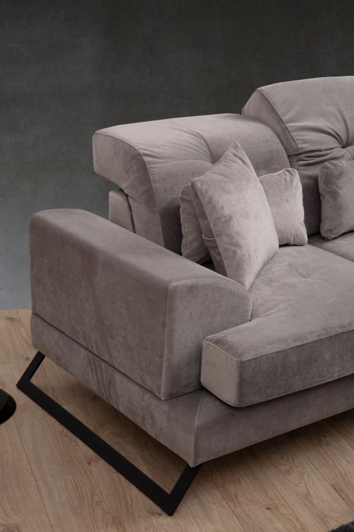 Canapé d'angle droit velours gris avec têtières relevables et pieds metal noir Briko 308 cm - Photo n°3