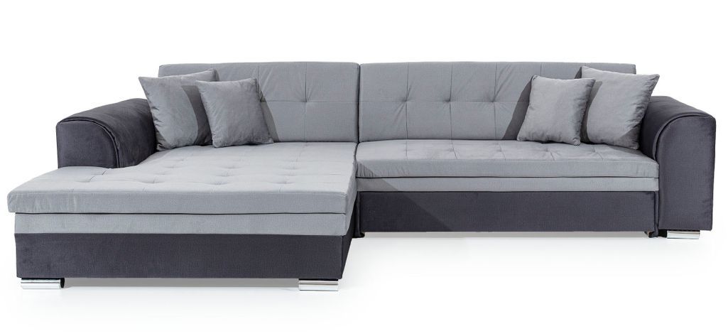 Canapé d'angle gauche convertible 4 places tissu gris clair chiné et simili noir Looka 295 cm - Photo n°1