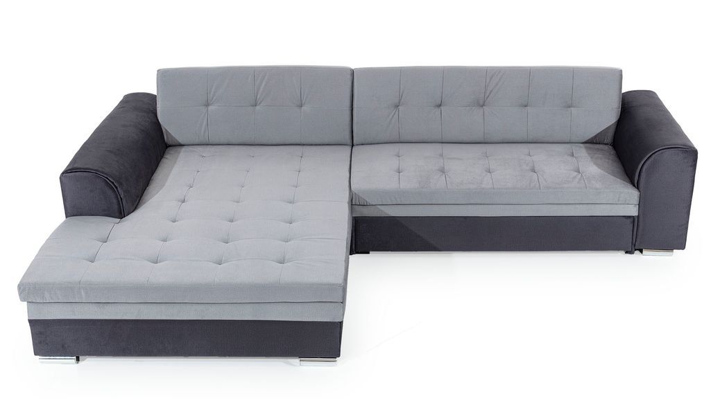 Canapé d'angle gauche convertible 4 places tissu gris clair chiné et simili noir Looka 295 cm - Photo n°5