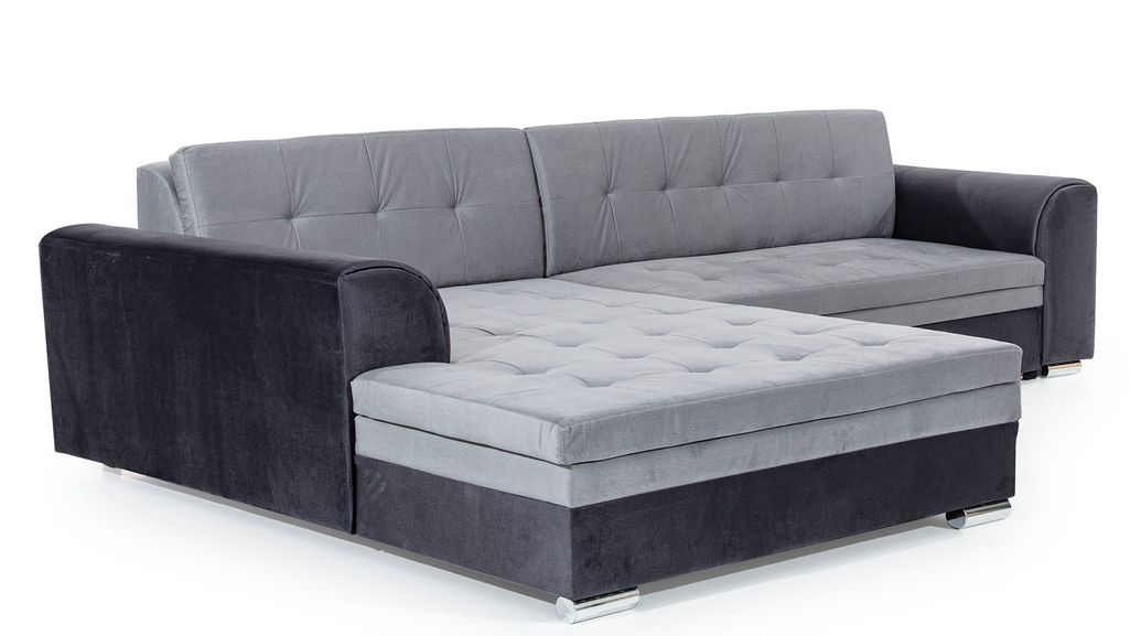 Canapé d'angle gauche convertible 4 places tissu gris clair chiné et simili noir Looka 295 cm - Photo n°8