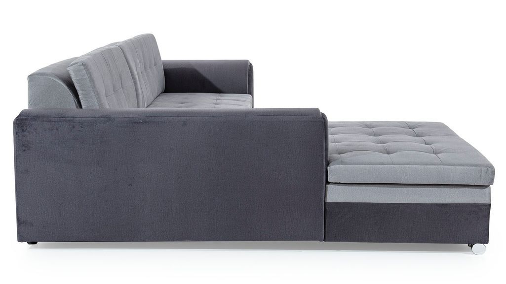 Canapé d'angle gauche convertible 4 places tissu gris clair chiné et simili noir Looka 295 cm - Photo n°9
