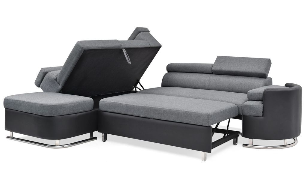Canapé d'angle gauche convertible simili cuir noir et tissu gris Bianca - Photo n°3