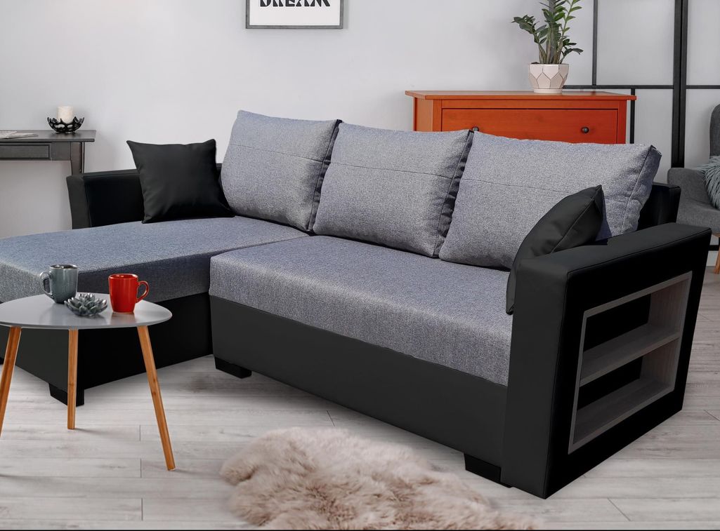 Canapé d'angle gauche convertible tissu gris clair et simili cuir noir Kami L 230 cm - Photo n°2