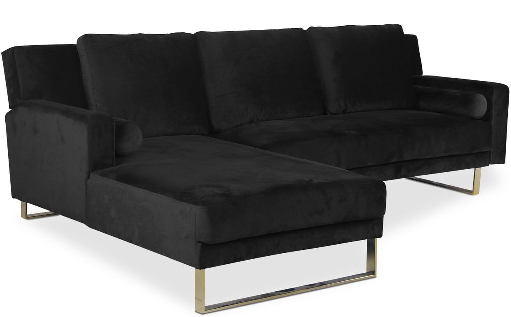 Canapé d'angle gauche convertible velours noir et pieds métal doré Nira L 262 cm - Photo n°2