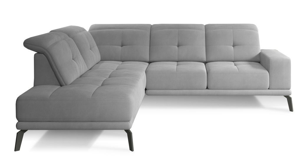 Canapé d'angle gauche design matelassé tissu doux brillant gris clair et pied noir Kazane 275 cm - Photo n°1