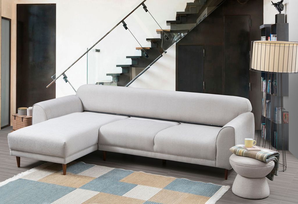 Canapé d'angle gauche design velours beige et pieds acier noir Liza - Photo n°5