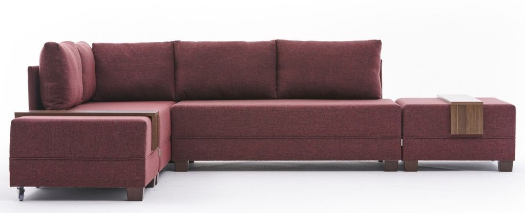 Canapé d'angle gauche et 2 poufs tissu rouge Tikona 280 cm - Photo n°1