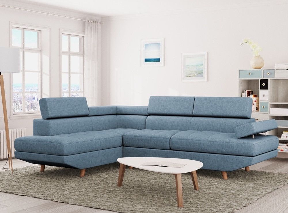 Canapé d'angle gauche scandinave tissu bleu clair Santra 262 cm - Photo n°2