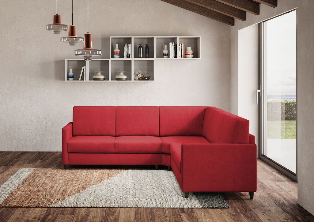 Canapé d'angle moderne italien tissu rouge Korane - 5 tailles - Photo n°2