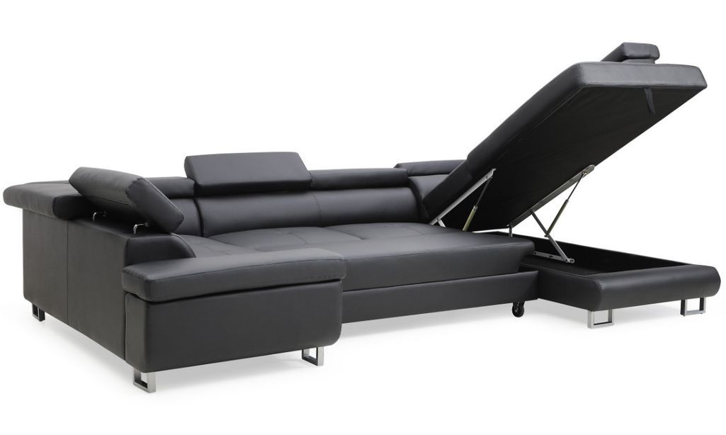 Canapé d'angle panoramique coffre gauche convertible simili cuir noir Boo - Photo n°5