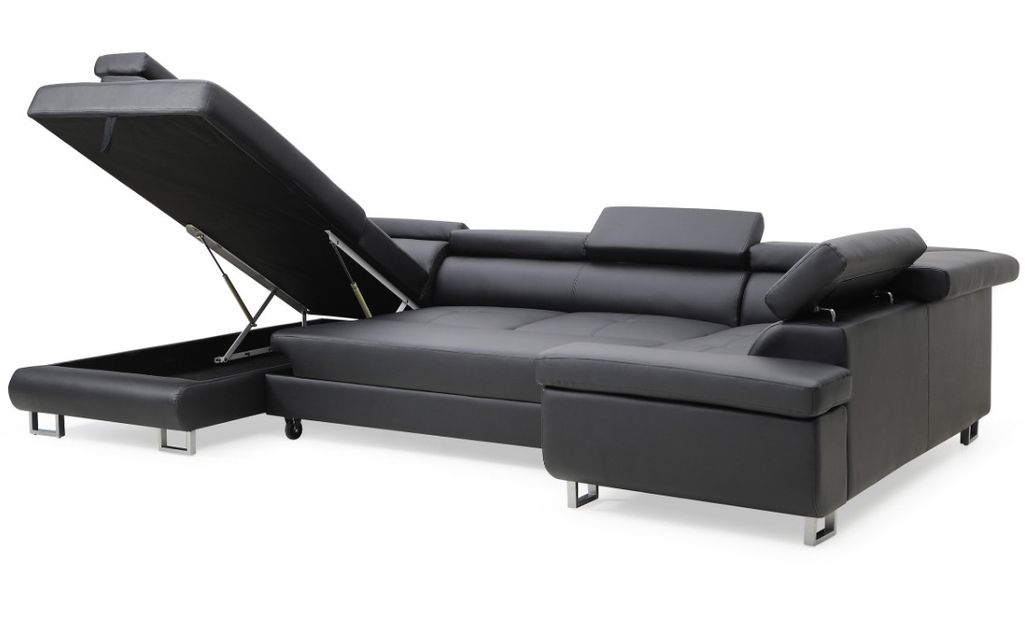 Canapé d'angle panoramique convertible coffre droite simili cuir noir Boo - Photo n°5
