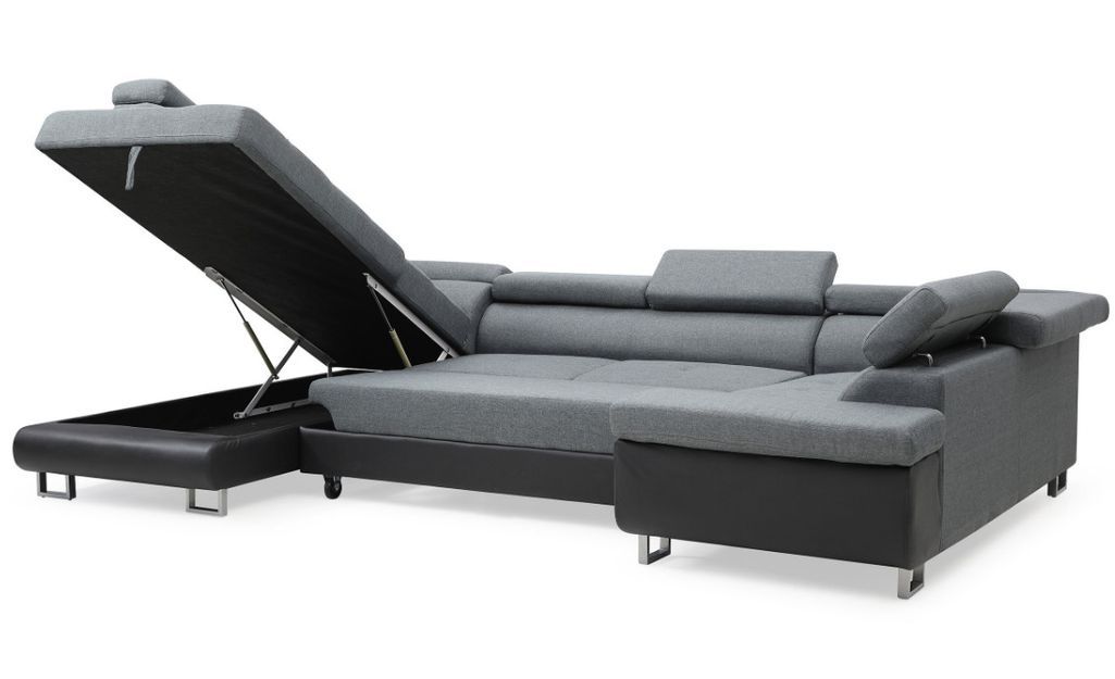 Canapé d'angle panoramique convertible simili cuir noir et tissu gris clair Boo - Photo n°4