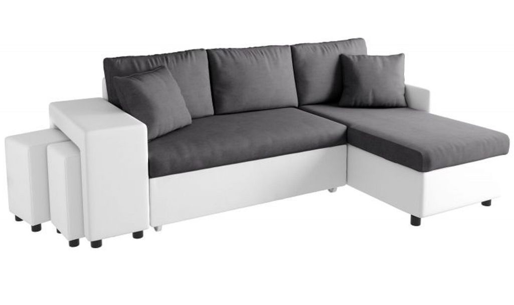 Canapé d'angle réversible convertible pouf à gauche simili blanc et microfibre gris Kita 241 cm - Photo n°1