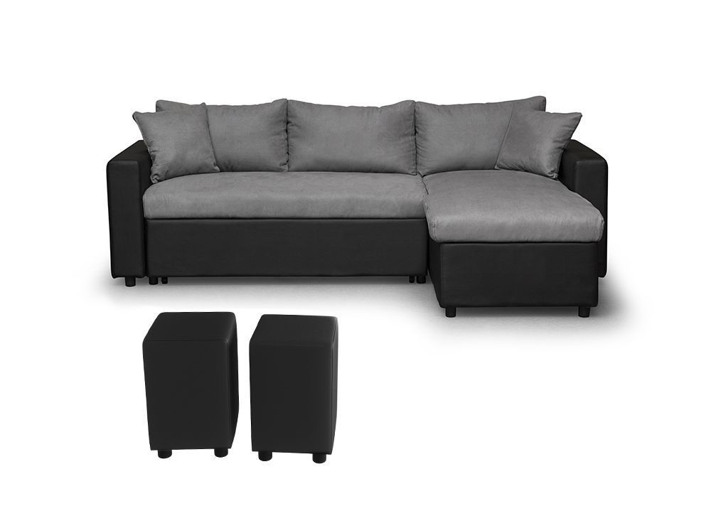 Canapé d'angle réversible simili noir et microfibre gris et 2 poufs Zunka 223 cm - Photo n°8