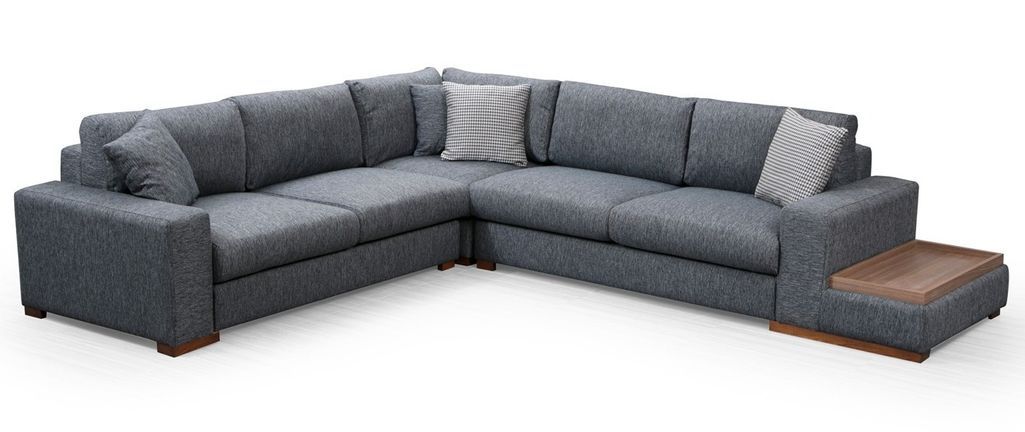 Canapé d'angle tissu anthracite avec étagère en bois sur la droite Kaloé 323 cm - Photo n°1