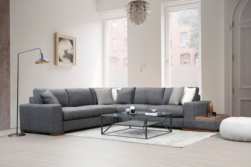 Canapé d'angle tissu anthracite avec étagère en bois sur la droite Kaloé 323 cm - Photo n°3
