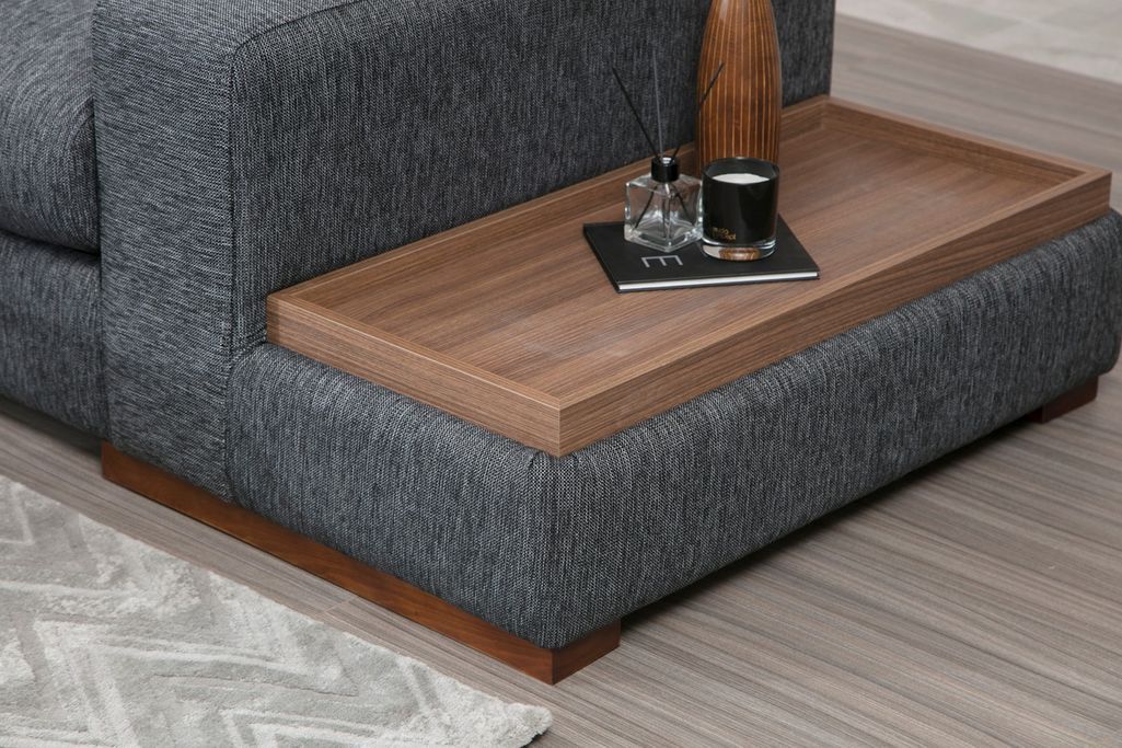 Canapé d'angle tissu anthracite avec étagère en bois sur la droite Kaloé 323 cm - Photo n°5