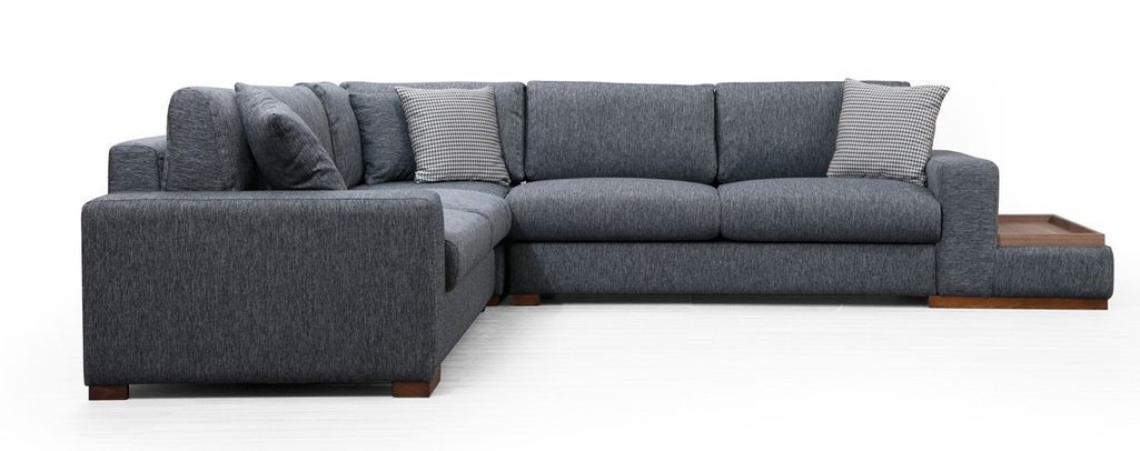 Canapé d'angle tissu anthracite avec étagère en bois sur la droite Kaloé 323 cm - Photo n°6