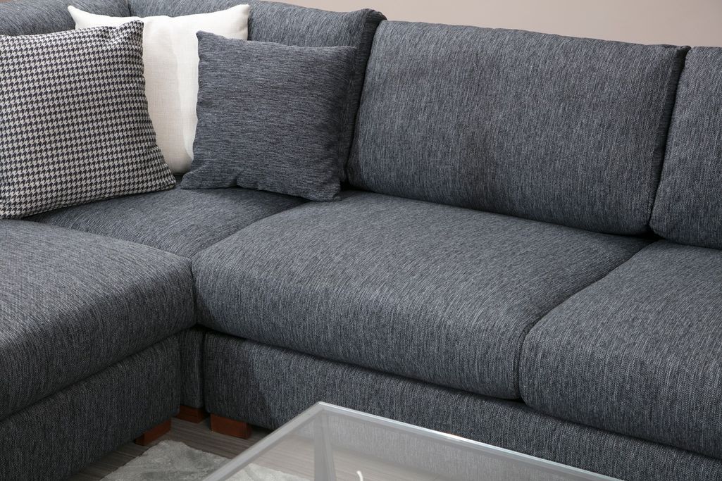 Canapé d'angle tissu anthracite avec étagère en bois sur la droite Kaloé 323 cm - Photo n°8
